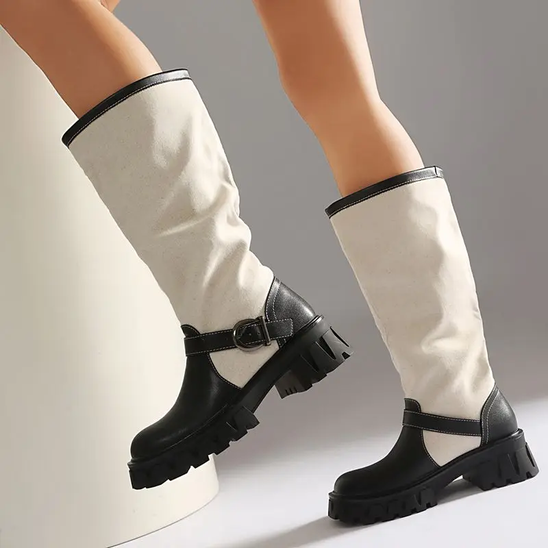 ORCHA LISA Black Women Knee Length Shoes Rounded Front 5cm Block Heel Easy Wear Wide Size 41 42 43 Everyday Classic Boots