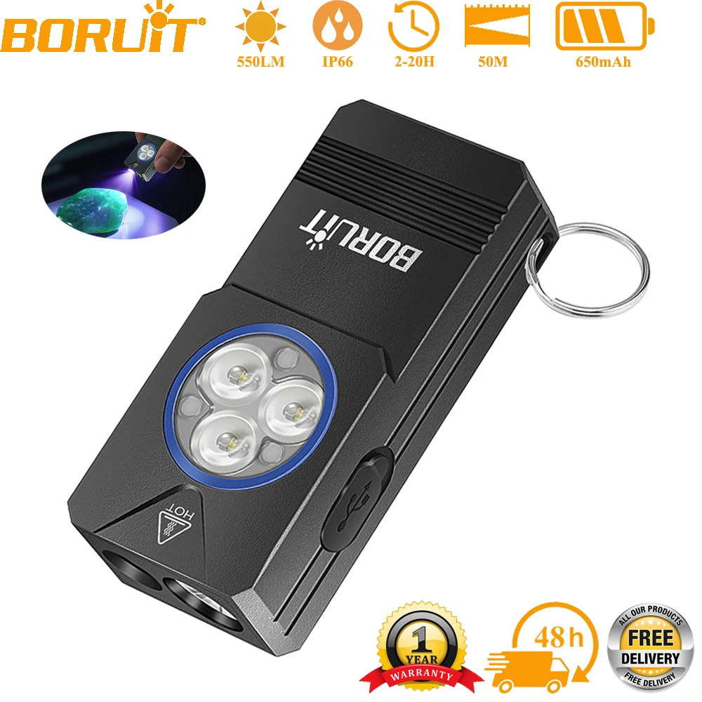 

BORUiT EV30 550LM UV LED EDC Flashlight Type-C Rechargeable Work Light Torch with Magnet Waterproof Camping Pocket Lantern
