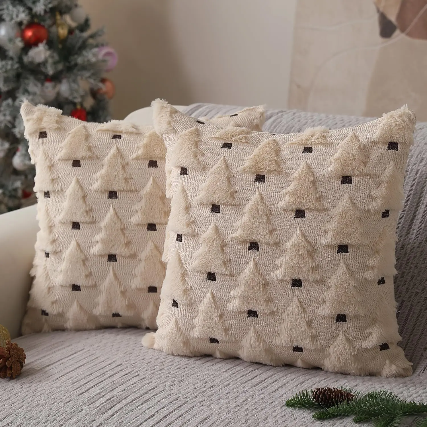 Christmas Tree Soft Plush Faux Fur Wool Beige Pillow Covers Winter Holiday Sofa LivingRoom Decor Throw Pillow  Covers18x18 inch