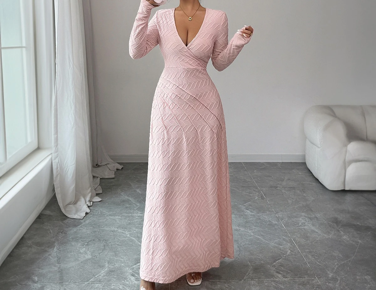 فستان أنيق بأكمام طويلة على شكل حرف V عميق فستان نسائي لخريف وشتاء 2025