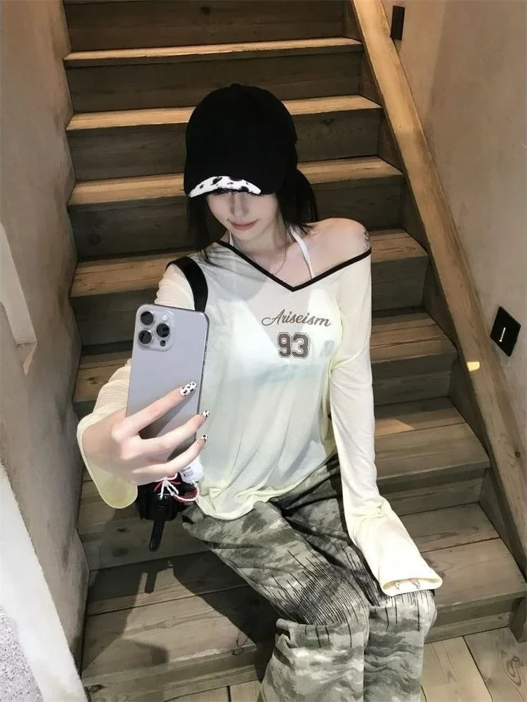 Sun Protection See-Through Patchwork T-Shirt Women Y2K Loose Casual Top Summer Grunge Aesthetic
