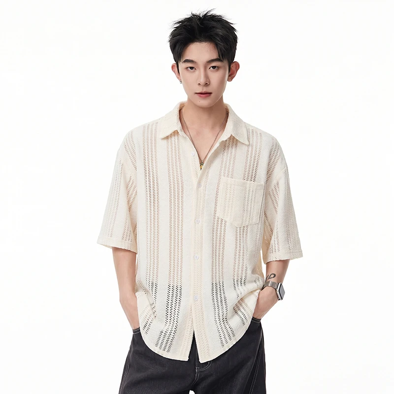 Men's short-sleeve shirt, trendy and versatile, breathable with hollow texture, stylish lapel shirt, Korean fashion casual shirt
