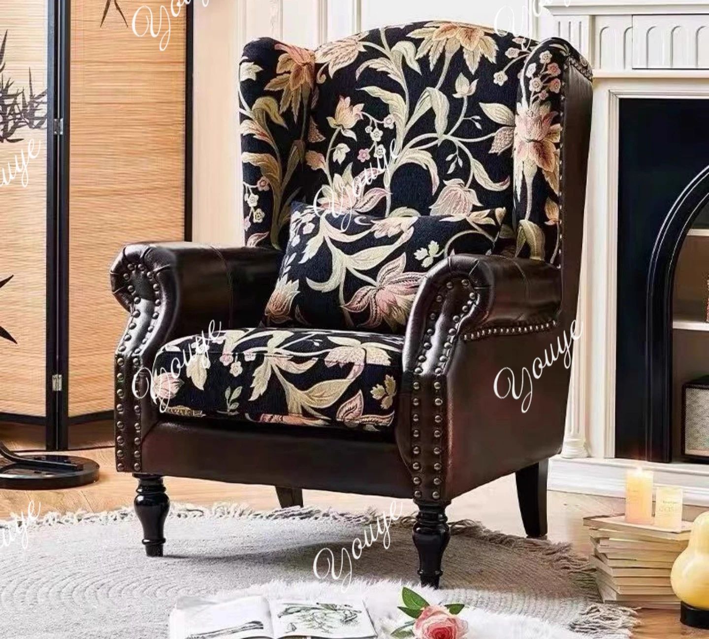 

Flowering American retro fabric single sofa chair French villa living room small apartment high back leisure