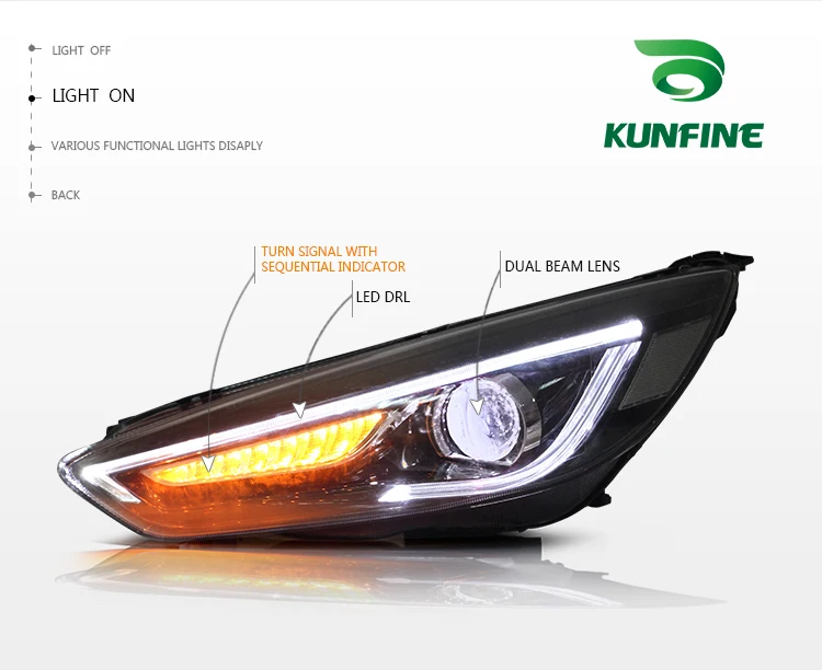 KUNFINE Car Styling Car Headlight Assembly For Ford Focus 2015-2017 LED Head Lamp Car Tuning Light Parts Plug And Play