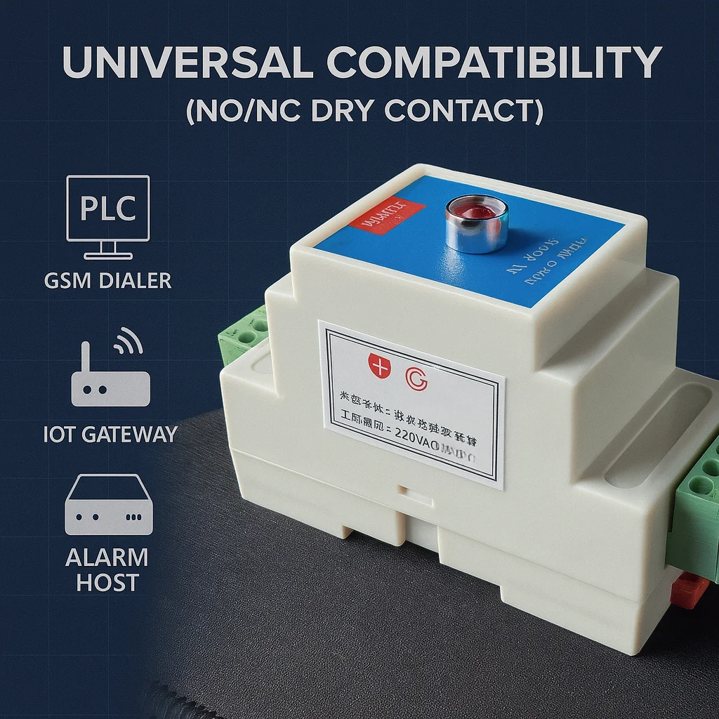 

220V/380V Power Outage Alarm · Real-Time Cutoff Detection · Works with PLC/GSM/Alarm Host · Easy DIN-Rail Installation