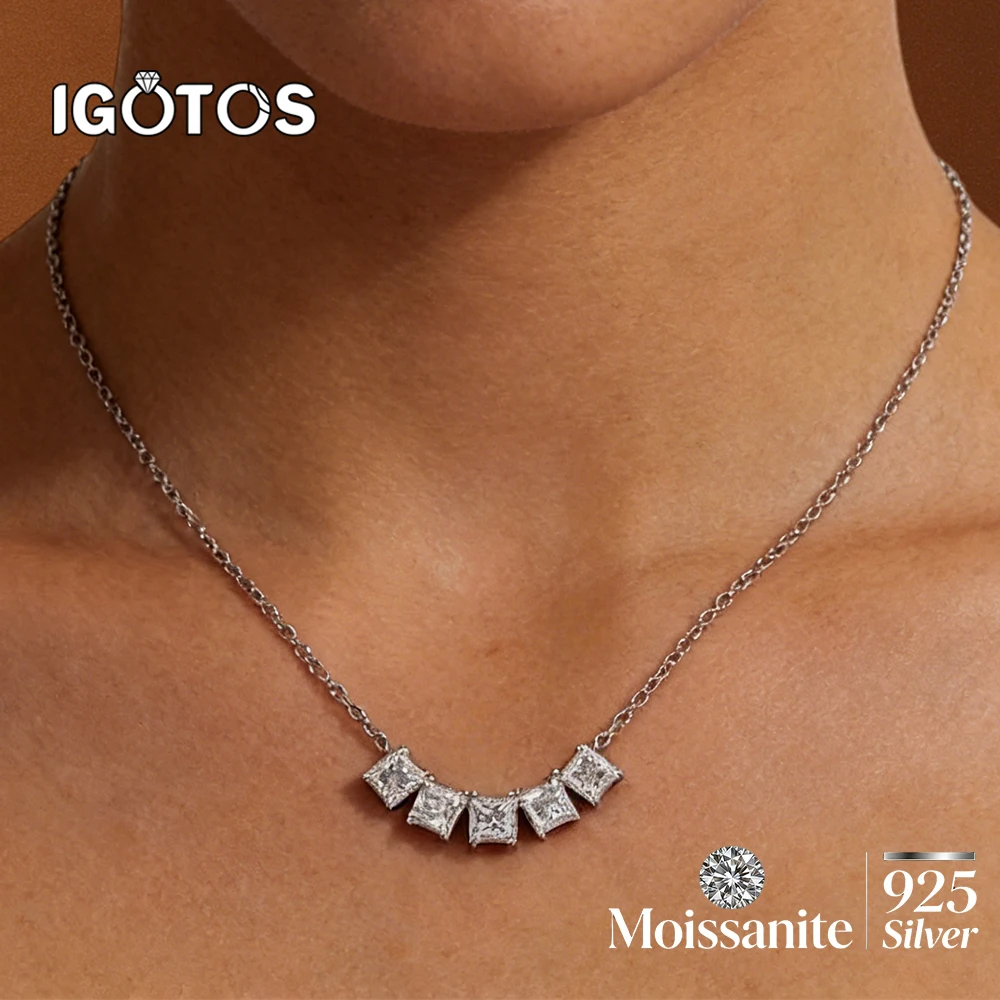 

4*4mm Princess Cut Full Moissanite Necklaces Women's Jewelry On the Neck 5 Stones Neckchain Original 925 Silver Jewelry Gifts