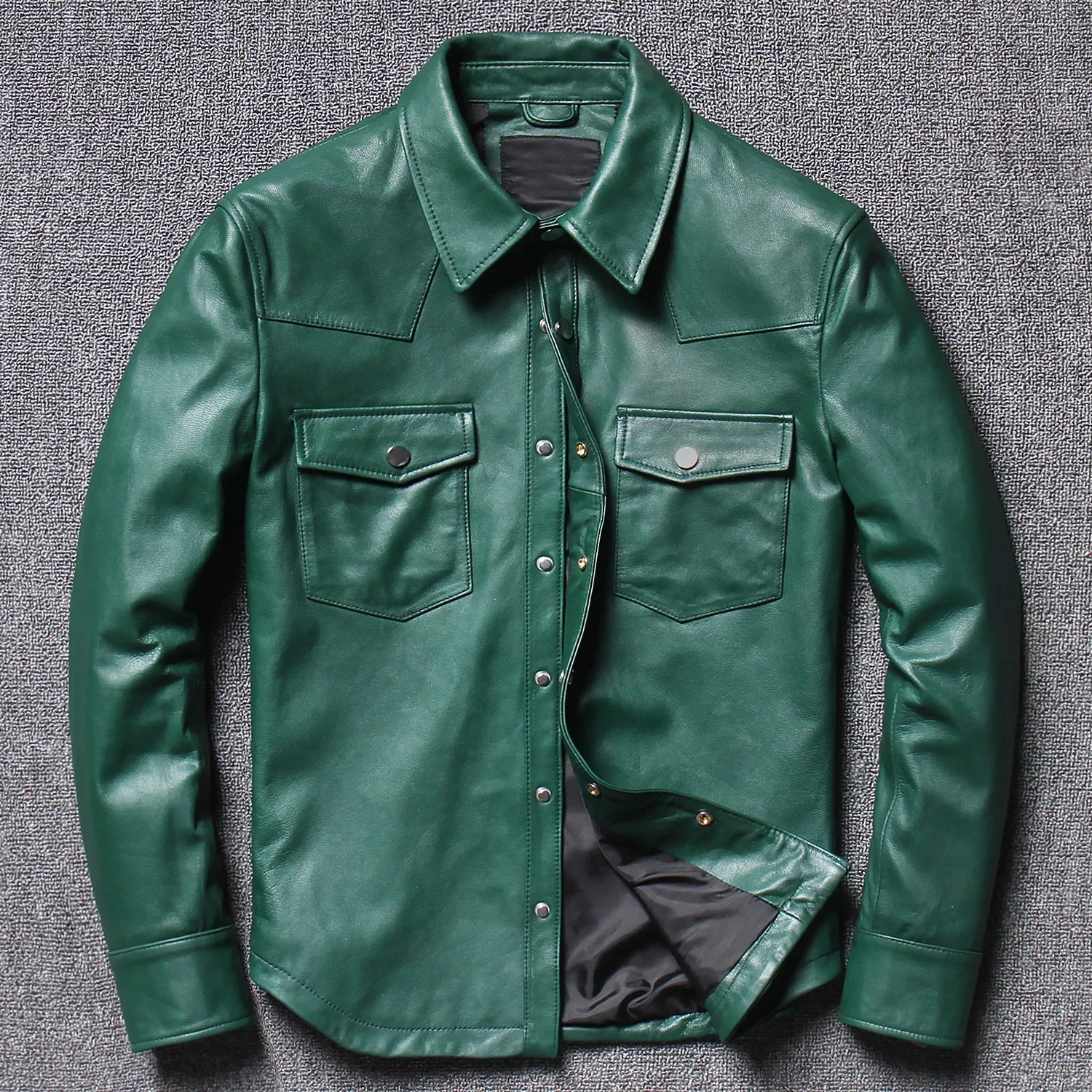 100% Real Thin Sheepskin Spring Auturmn Leather Shirt Men Single Breasted Casual Style Genuine Coat Black Green Red Motor Jacket