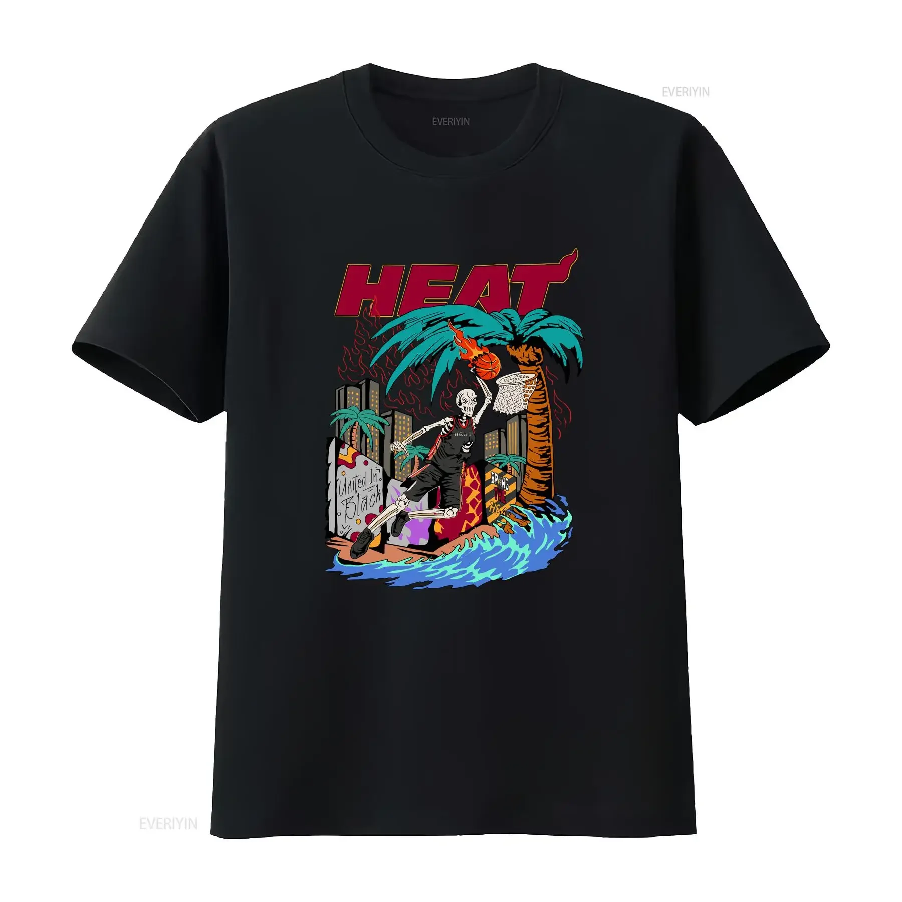 Miami City Basketball Heat Qualitäts-Oversize-T-Shirt, schweres Streetwear, S XL, lange oder kurze Ärmel, Vintage-Waschung