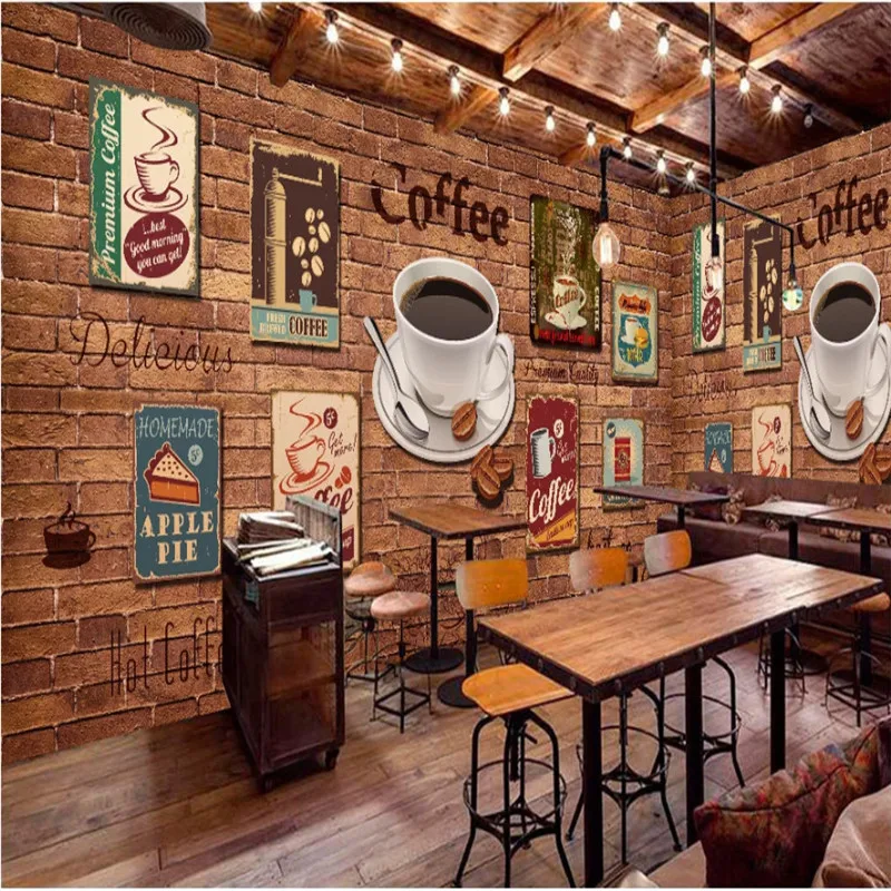 Europe and America Retro Nostalgia Coffee Icons Red Brick Wallpaper Cafe Restaurant Coffee House Industrial Decor Wall Paper 3D