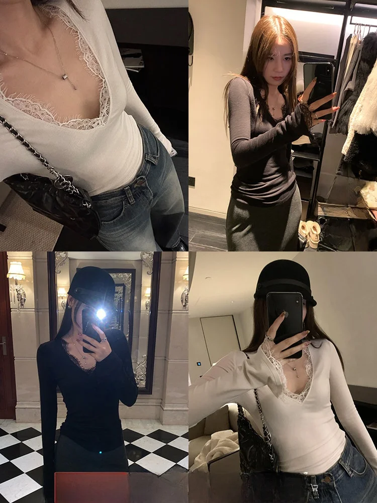 

X Goyic Godd Slim Fit V-Ne с кружевной отделкой Base irt, женская осенне-зимняя новая внутренняя одежда, длинный цвет све