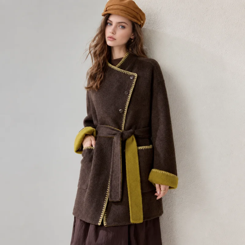 Women's Asymmetric Collar Belted Mid Length Coat, Contrast Stitch Loose Fit Winter Overcoat