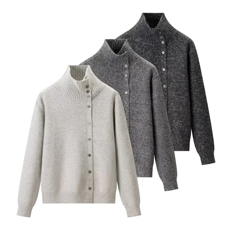

Women's Half Turtleneck Cardigan Melange Yarn Knitwear Design Single Button Sweater Elegant Spring Autumn Top