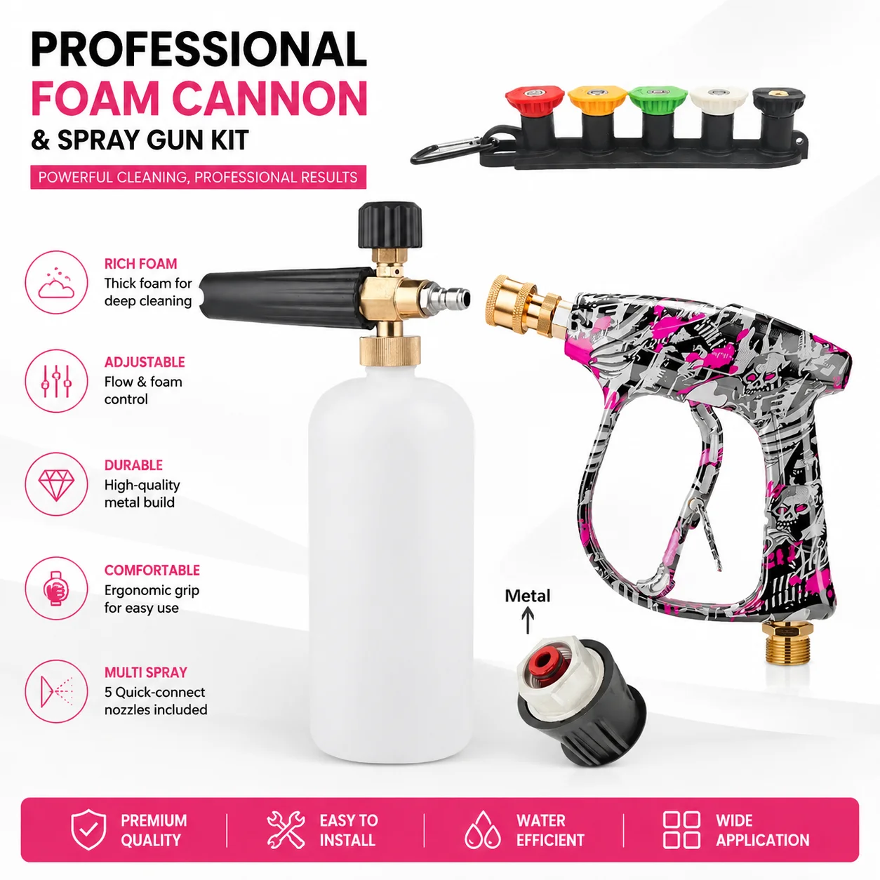 Easy-Install Graffiti Style Car Wash Gun Kit, Comes with Foam Pot, 5 Spray Nozzles, Storage Base & Matching Metal Lavor Adapte