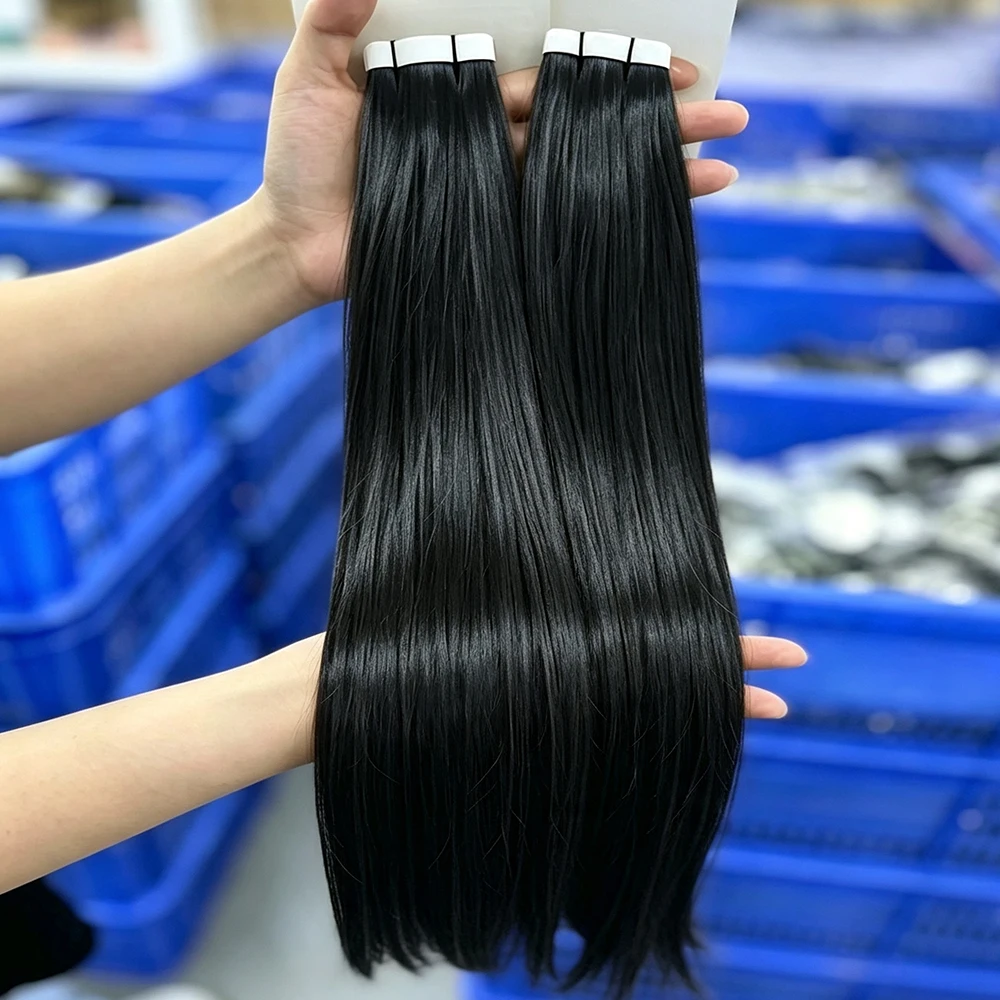 Tape In Hair Extensions 100% Human Hair Seamless Invisible Extension 14A Virgin Straight 24inch #1B 21pcs 50g PU Hair 1BST Perfect Match Natural Color Thick And Healthy Ends For Women