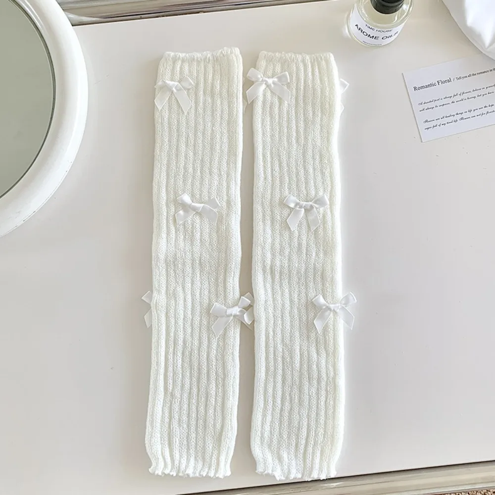 

Cute Knitted Bow Tie Leg Warmers Cotton Japanese Style Sockliner Lolita Vertical Stripe Stacked Socks Women