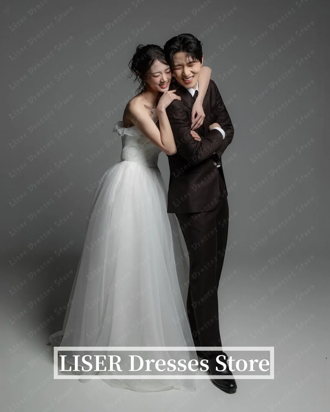 Liser Strapless A-Line Simple Korea Wedding Dresses Tulle Silk Elegant Photo Shoot Customized Long Fairy Bridal Gown 웨딩드레스