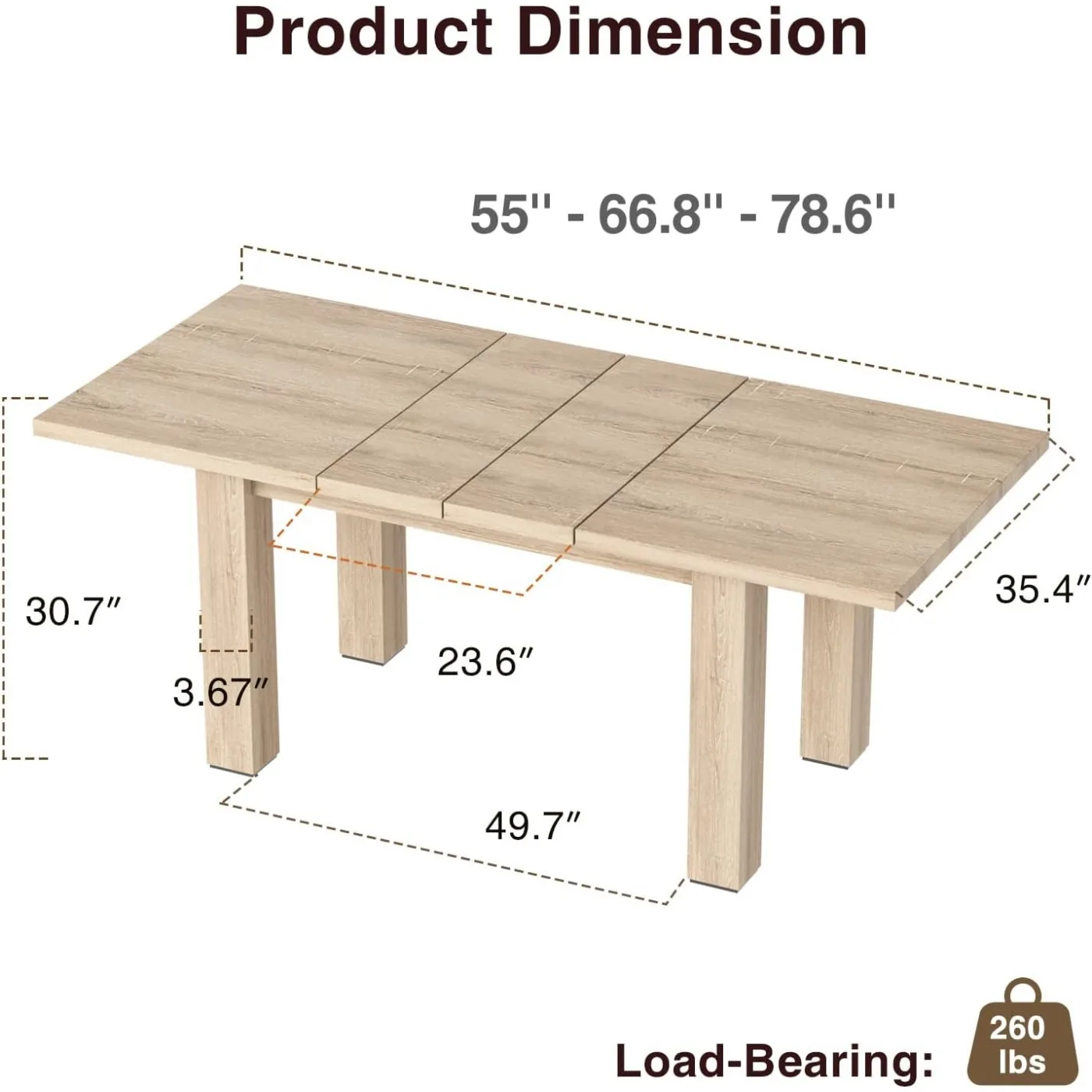 Vabches Extendable Dining Table for 6-8 Seater Wooden Kitchen Table Modern Rectangle Dinner Table Space Saver for Dining Room