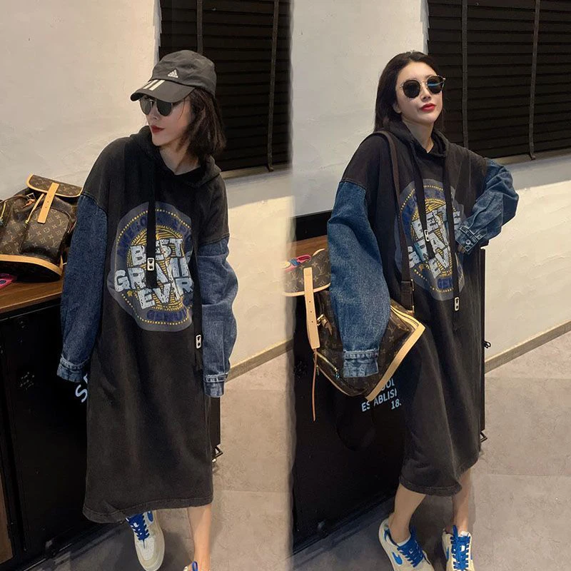 

plus Size Hoodie Dr Denim Patchwork Women's Faion Spring Autumn Long Sve A-Line Skirt Sle Comfortable Casual Dr