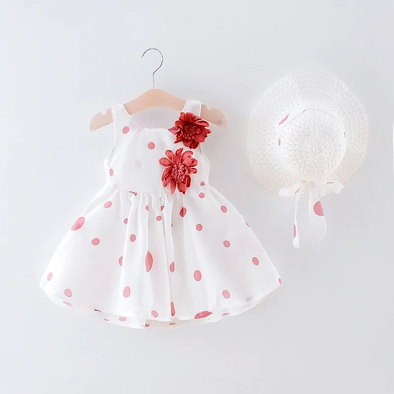 Summer 2/piece set for baby girls dress hat two girls three-dimensional flower dot print suspender princess dress