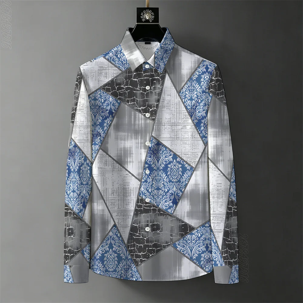 2026 Spring/Autumn New Men's Business 3D Printed Long-Sleeve Shirt, Retro Baroque Color Block Wrinkle-Free Casual Shirt