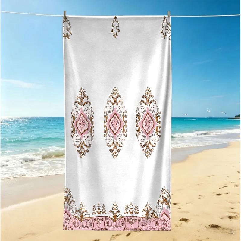 Microfiber Beach Towel,Ultra-Soft,Skin-Friendly,Portable,Durable,Pink Diamond Medallions Filigree Print,Beach Day Essentials