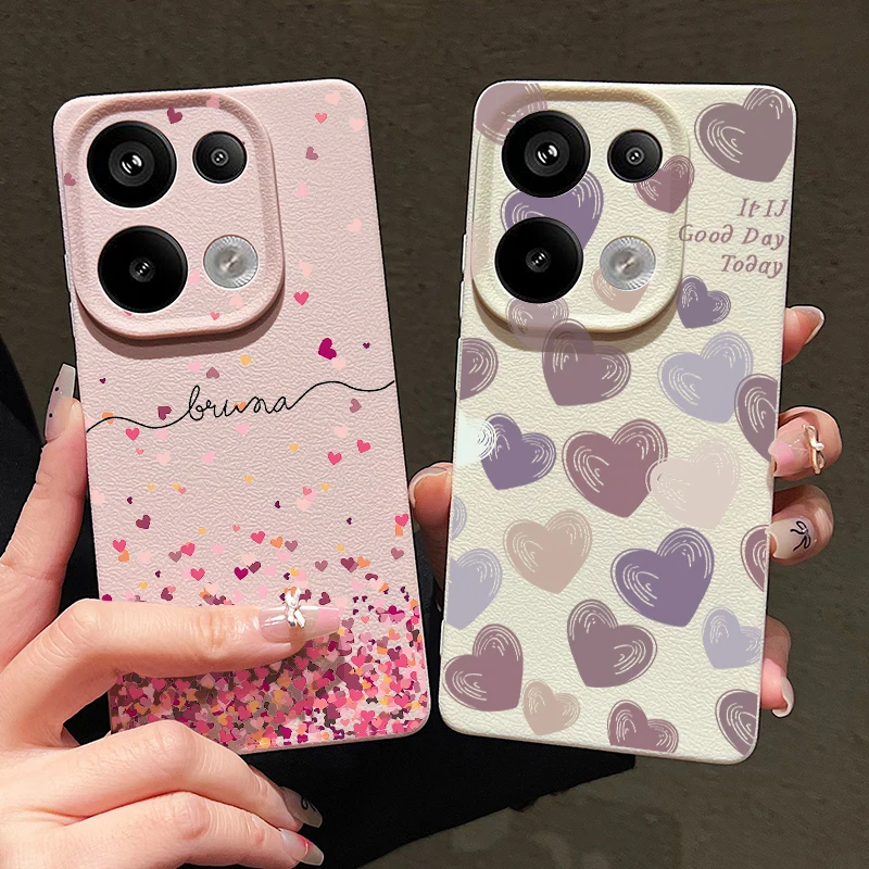 Romantic Little Heart Case For Xiaomi Redmi Note 14 13 Pro 5G 14 13 4G 12 11 Poco X6 F6 13T 13C Leather Texture TPU Phone Cover