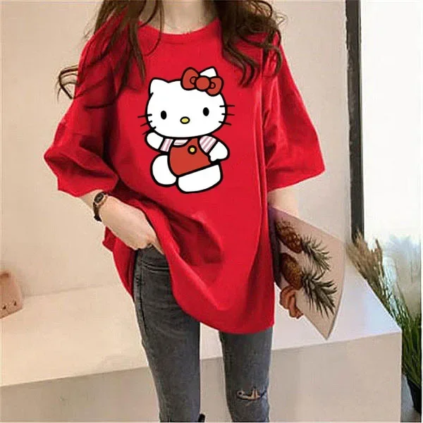 Sanrio Hello Kitty Fashion Women's Clothing Japanese Cute Cartoon T-shirt Short-sleeved Mid-length Top Loose Half-sleeved Fresh