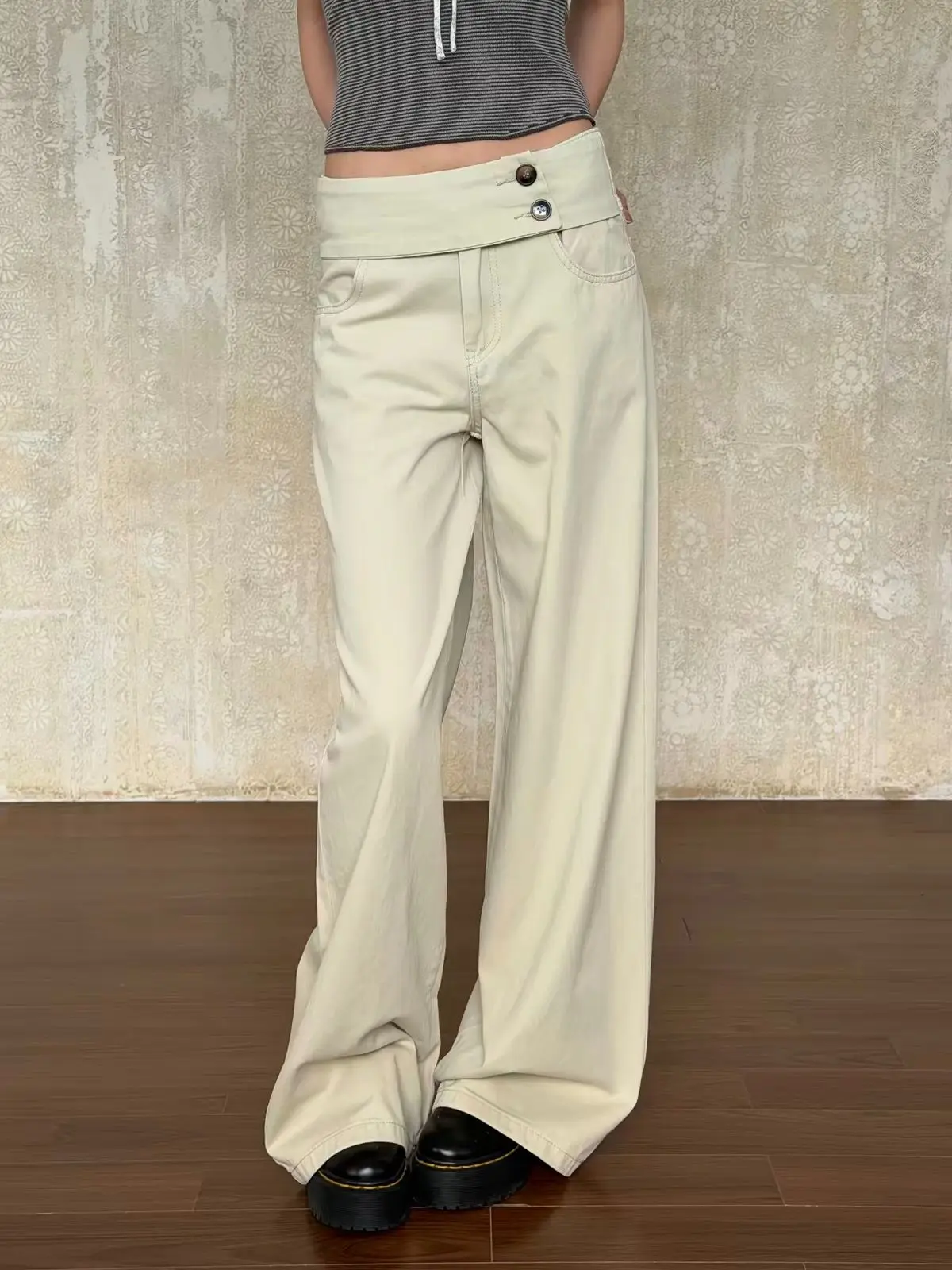Double Button High Waist Straight Wide Leg Pants Women 2026 Autumn Lightweight Loose Draped Slim Casual Trousers