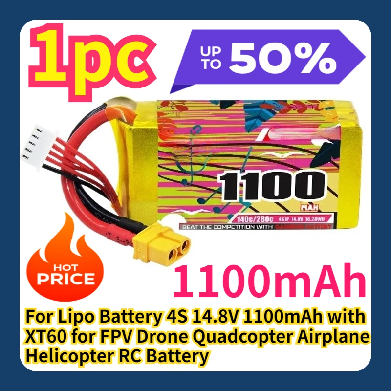 For Lipo Battery 4S 14.8V 1100mAh with XT60 for FPV Drone Quadcopter Airplane Helicopter RC Battery