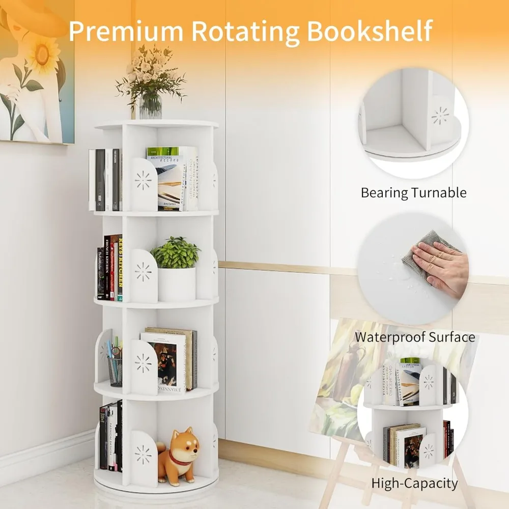 Hestiasko Rotating Bookshelf, 4 Tier 360° Swivel Bookcase, Spinning Bookshelf Tower for Kids & Adults, Corner Bookshelf