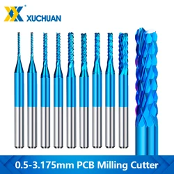 CNC mısır End Mill 10 adet 0.5-3.175mm PCB freze kesicisi Nano mavi kaplamalı karbür End Mill 3.175mm şaft PCB makinesi gravür Bit