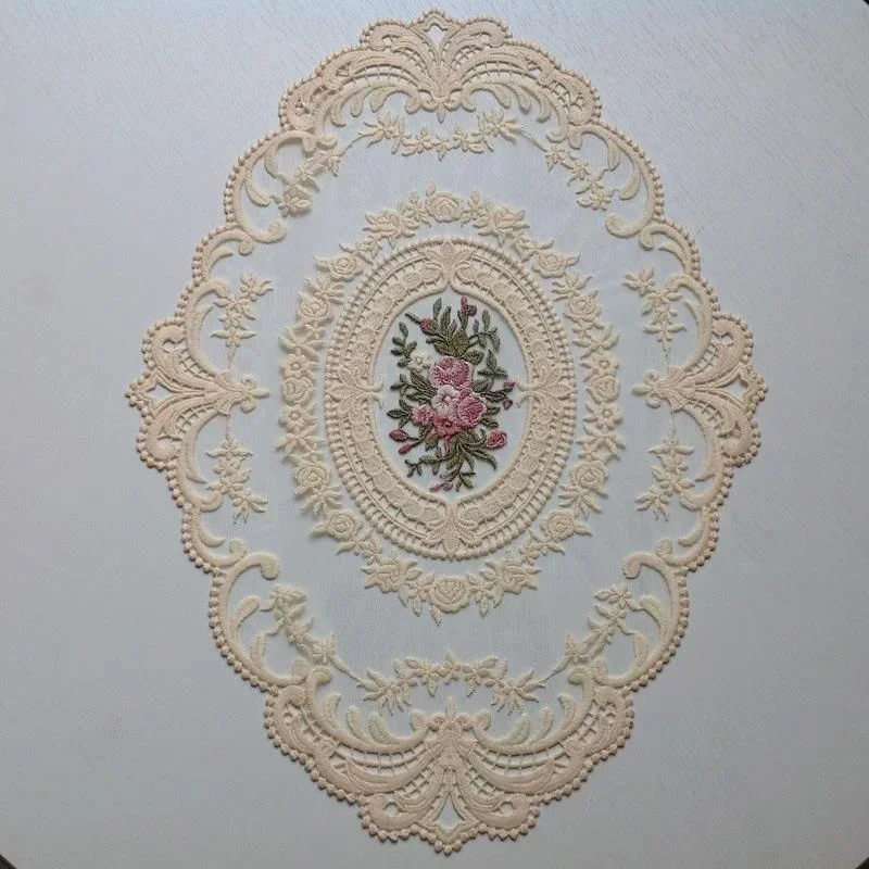 Sousplat Oval Europeu Bordado em Renda para Quarto, Estudo, Cozinha, Tapete de Mesa, Capa para Prato de Comida/Frutas, Decoração de Natal