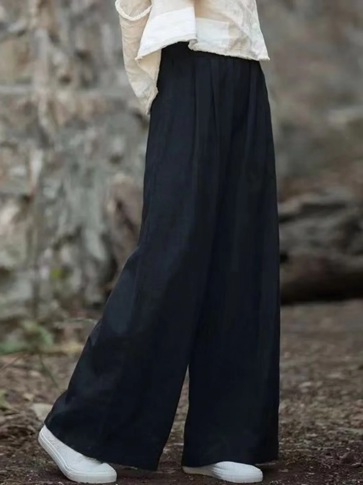 Hochgeschnittene Weite Hose mit Geradem Schnitt für Damen, Lässige Lose Leinen-Baumwoll-Mischung, Bodenlange Hose, Sommer 2024 Neu