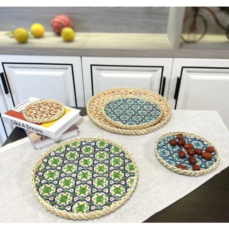 1PC Handmade Rattan Fruit Bread Basket with Lid Leftovers Insect Proof Table Cover Round Dim Sum Tray