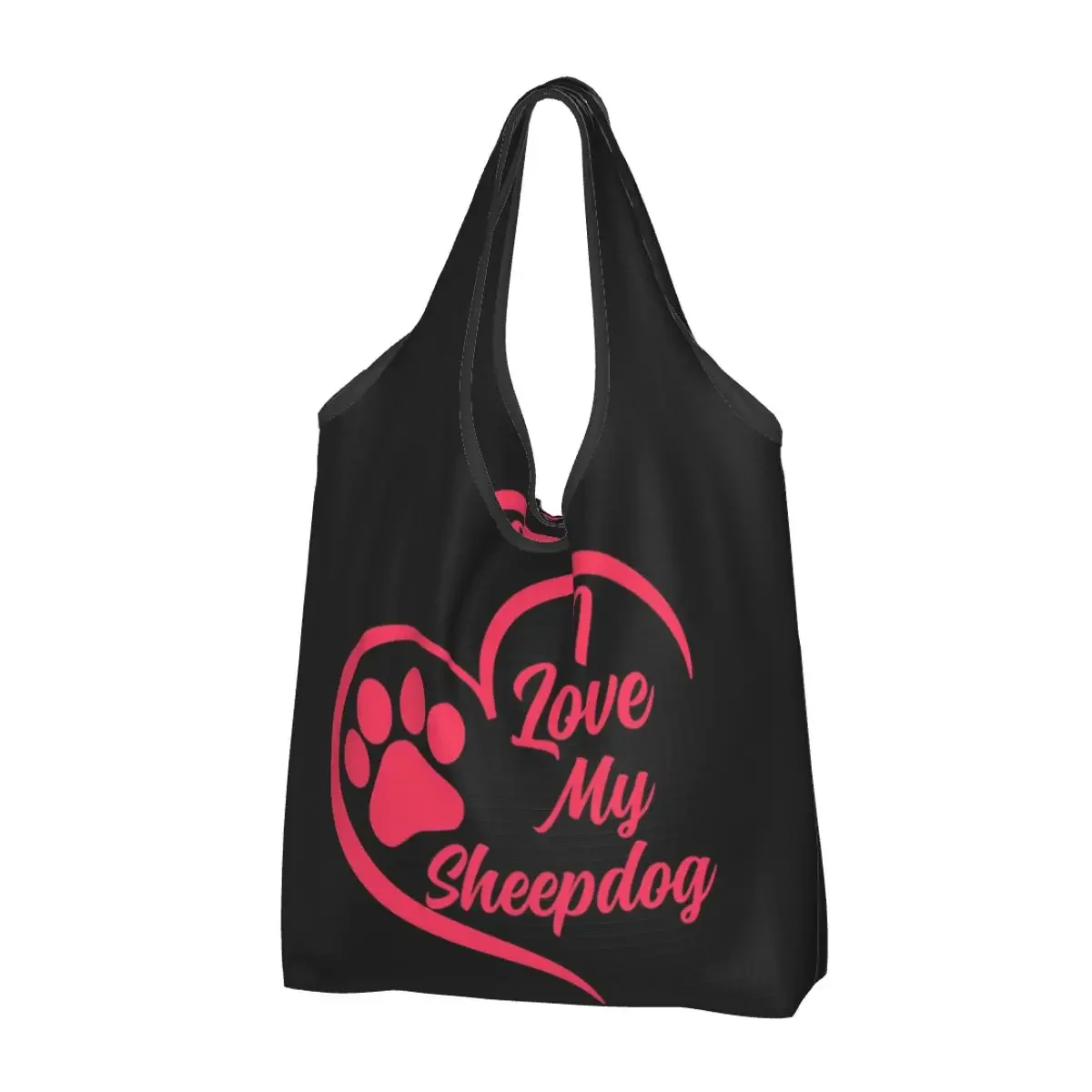 I Love My Sheepdog, Tas Belanja Tote Portabel Anjing Gembala Inggris Kuno Tas Belanja Lipat Tas Tangan Kelontong Tas Bahu