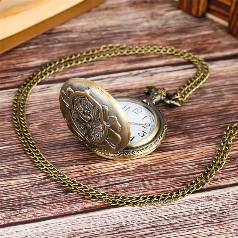 Bronze Polish Eagle Pattern Men Women Quartz Analog Pocket Watch Pendant Necklace Chain Arabic Number Display