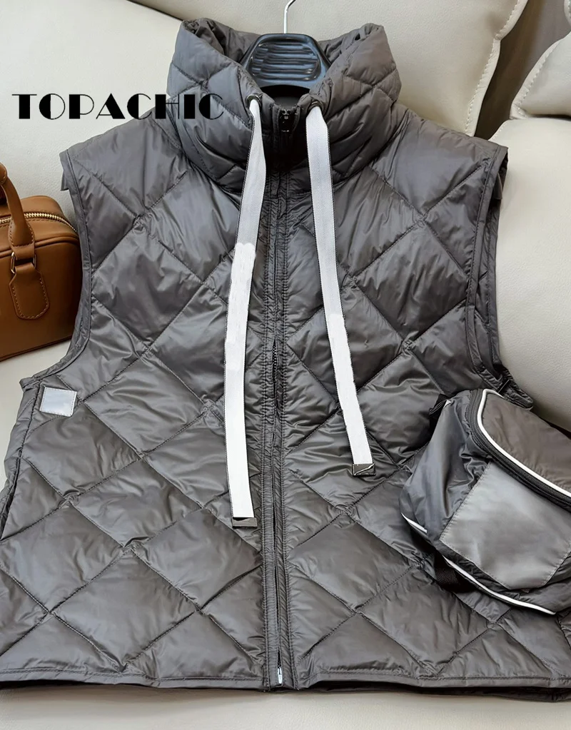 9.6 TOPACHIC-Women Quilted Argyle Plaid White Goose Down Keep Warm Vest Letter Lace-up Stand Collar Zipper Down Vests Outerwear