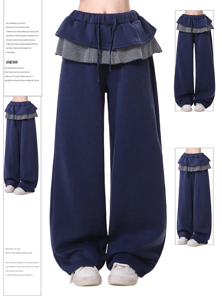 Women Navy Pants with Skirt Baggy Aesthetic Sweatpants Harajuku Japanese 2000s Style Y2k Vintage Trousers Trashy Fashion Clothes