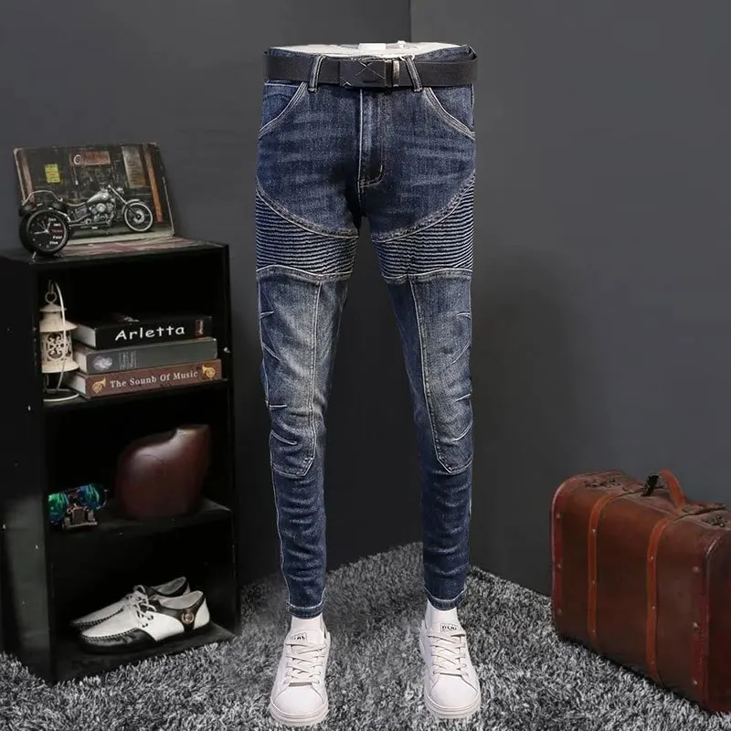 2023 Men's Trendy Motorcycle Denim Jeans Blue High Street Stacked Denim Patchwork Men Jean Without Belt Stacked Jeans Hombre