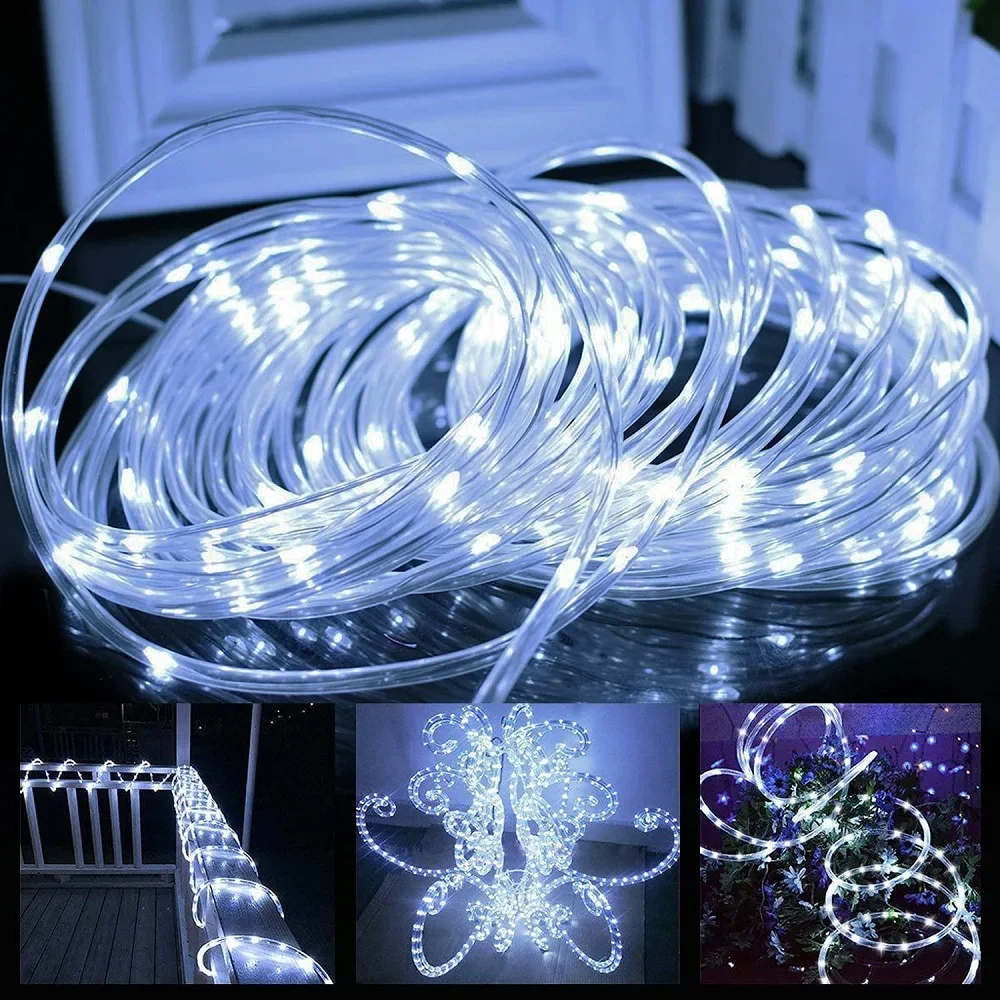 USB Powered LED Rope Fairy Lights Outdoor Waterproof White Tube String Lights 5/10/20M 8 Modes for Garden Street Decorations