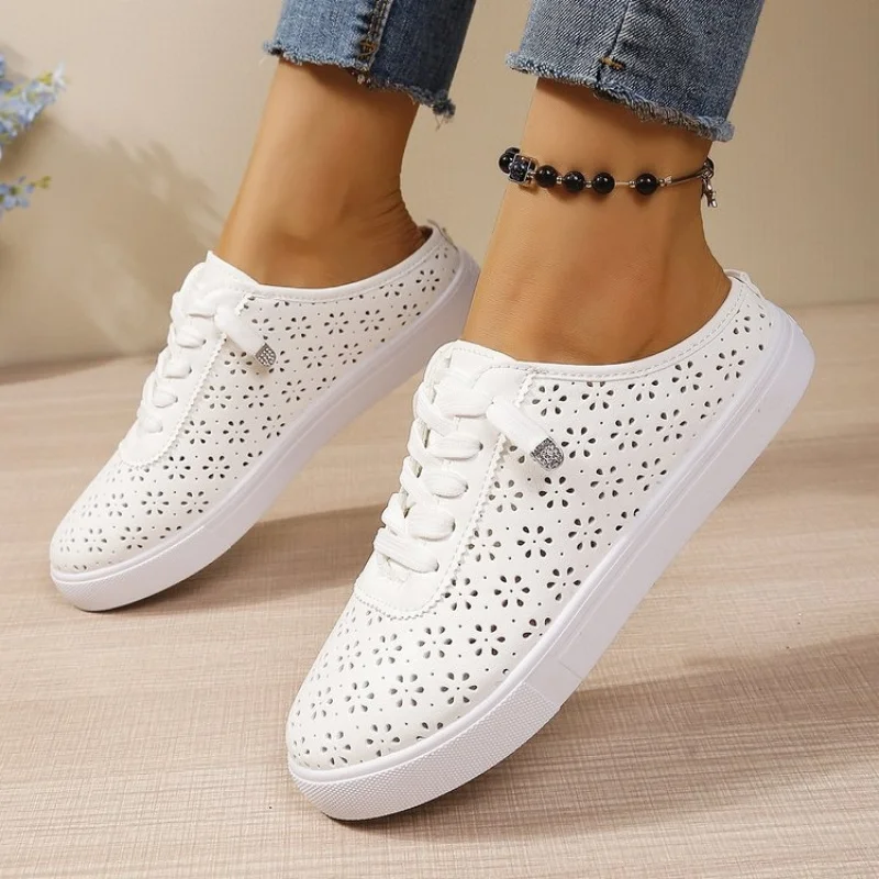 Women's Sneakers Mules Backless Slip on Round Toe Lace Up Floral Cutout Perforated Low Platform Casual Spring Walking Footwea