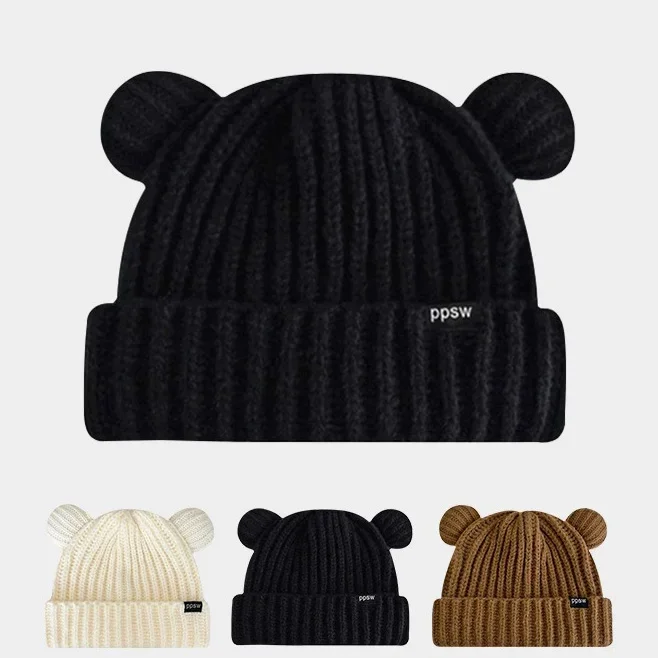 

Beanie Caps for Men and Women Knit Hat Winter Cotton Beanies Cute Little Bear Warm Big Head Circumference Skiing Hat Black White