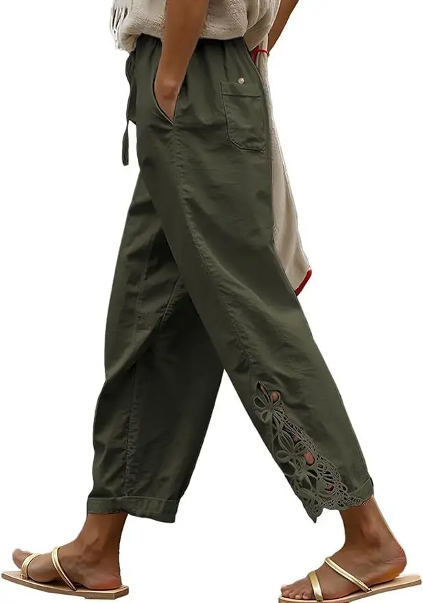 2026 Women's Pants Elastic Waist Solid Color Lace Spliced Drawstring Pocket Simple Fashion Basic Casual 9-point Pants
