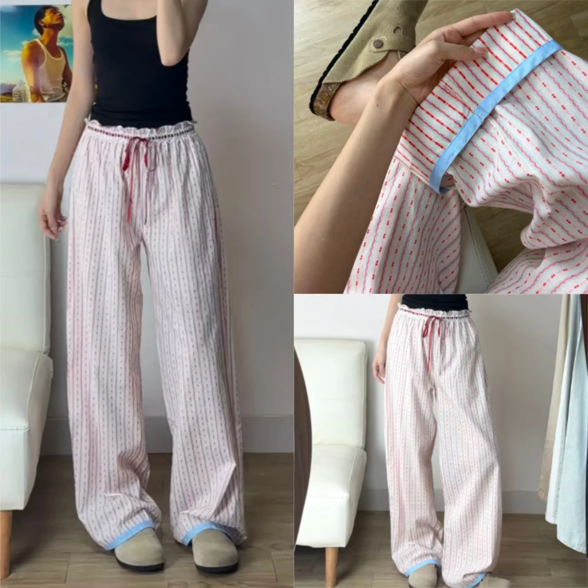 Printed Straight Leg Casual Pants Women Y2K Korean Loose Fit Trousers Sweet Summer Vacation Daily Streetwear Outfit