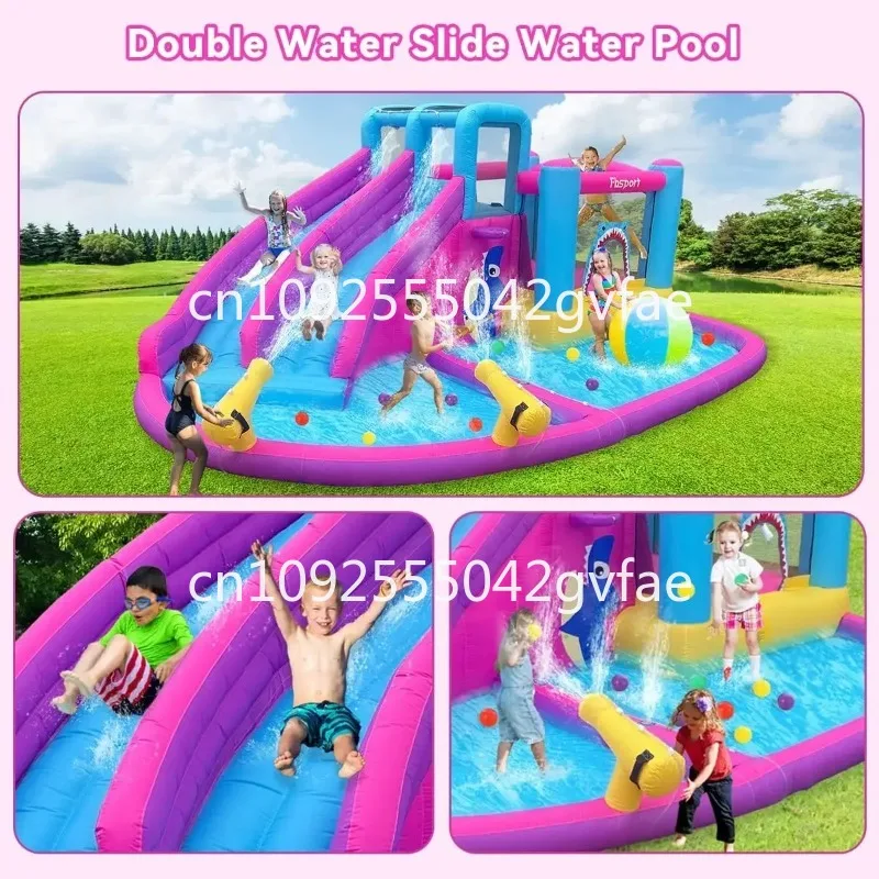 nflatable Bounce House Water  Park, Double Slide Bouncer Climbing Wall, Bouncy Castle with 550W Air Blower for