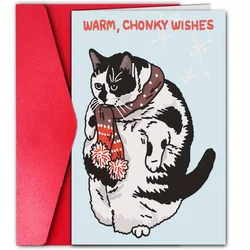 1pc, Christmas card, Merry Christmas, Cow cat with scarf, Christmas cat card, Christmas wish card, cat lover's Christmas card