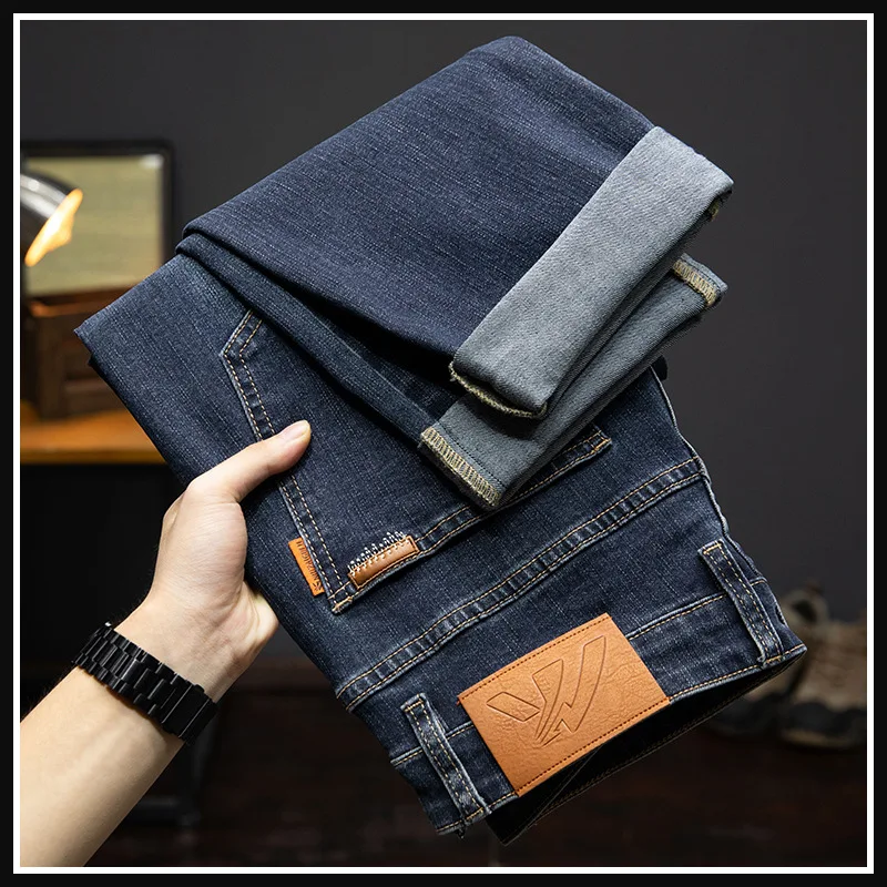 

Fashionable Retro Classic Jeans Men's Spring and Autumn Stretch Slim Straight Casual All-Match Winter Fleece-lined Warm Pants