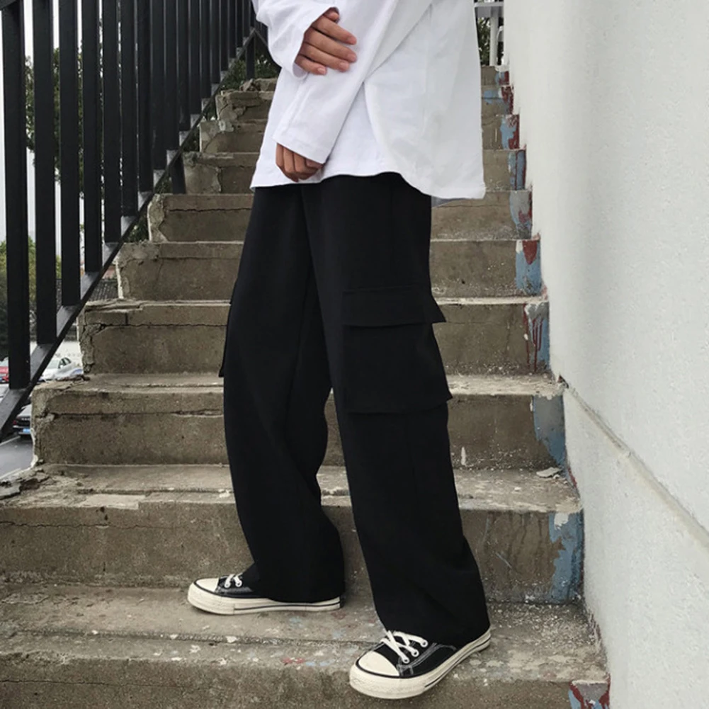 Men Pants Cotton Blended Hong Kong Style Fashion Wide-leg Pants Loose Straight Trousers For Summer