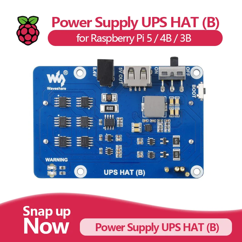 UPS HAT (B) For Raspberry Pi 5/4B/3B, 5V Uninterruptible Power Supply, 5A, 2x18650 Li batteries (NOT included)