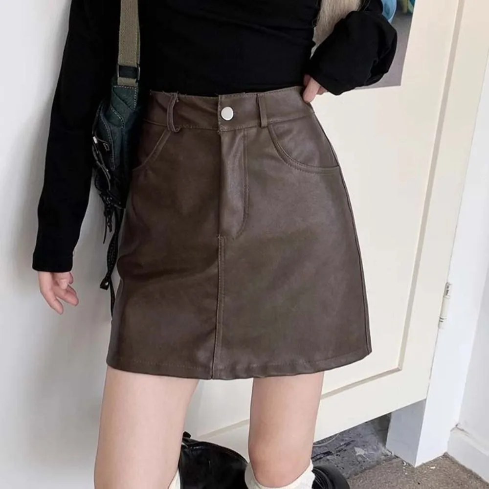 

Sweet Zipper PU Leather Skirt Slim Fit Retro High Waist A-line Skirt Solid Color Autumn Winter Short Mini Skirts Lady